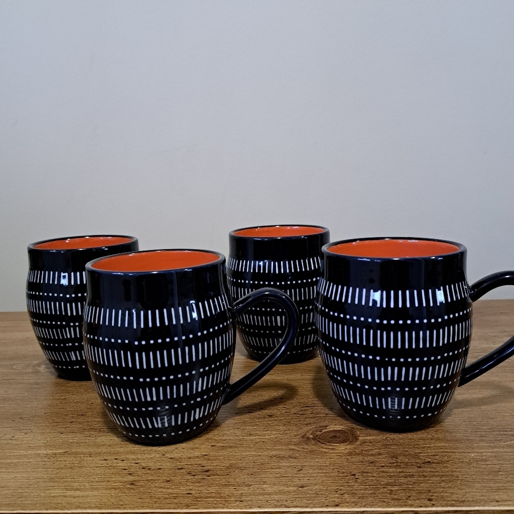 Baum Tangier Mugs Set Of 4 Navy Blue Orange White Ceramic Barrel Mug Set